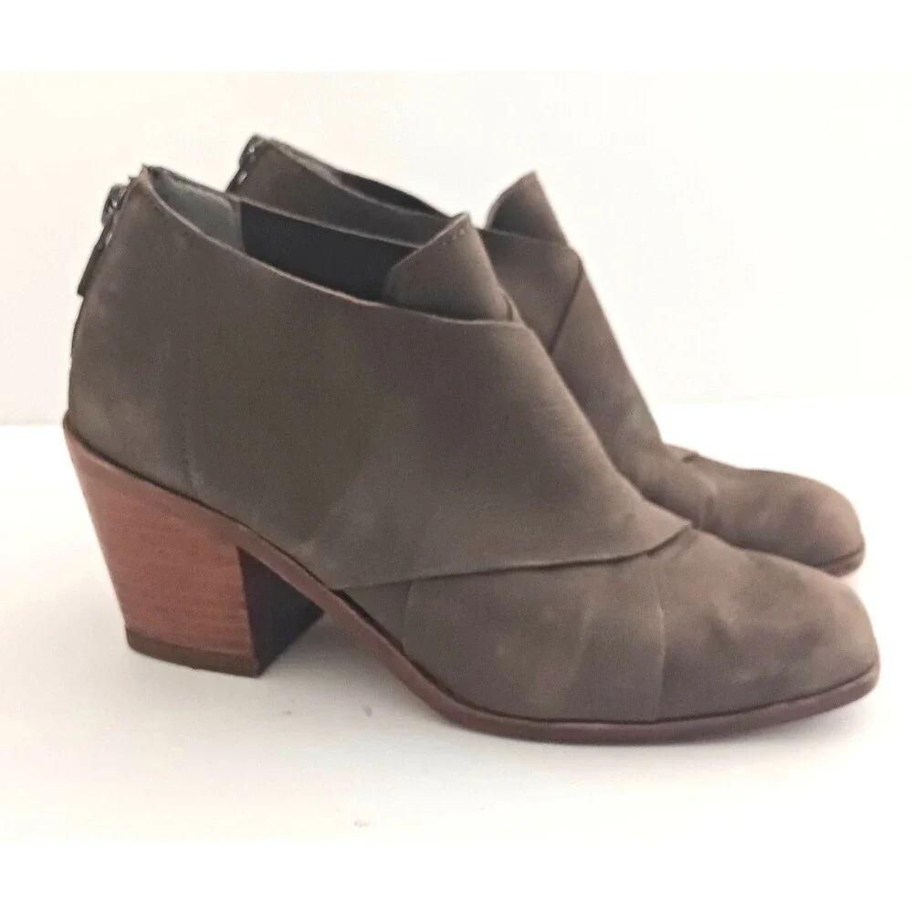 Eileen Fisher Ember Mushroom Brown Suede Ankle Boot Sz 5 Wood Block Heel Zip
